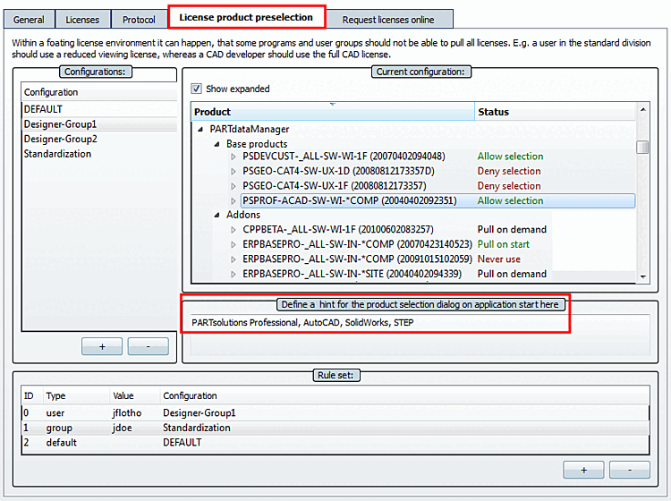 Preselezione del prodotto licenza [License product preselection]