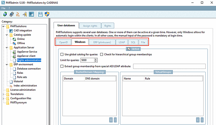 Categoria "Gestione dei diritti [Rights administration]" → "Banche dati degli utenti [User databases]"