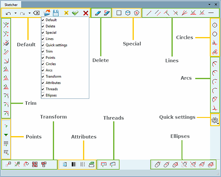 Visualizzazione delle funzioni con l'opzione di impostazione "Strumenti di gruppo [Group tools]" disattivata