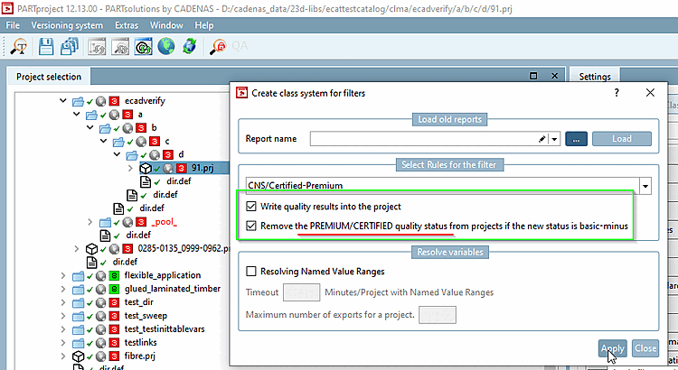 Dialogo "Crea un sistema di classi per i filtri [Create class system for filters]" con opzione attivata