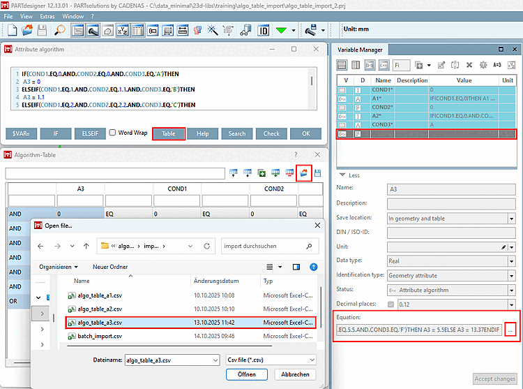 Importazione di algoritmi in PARTdesigner