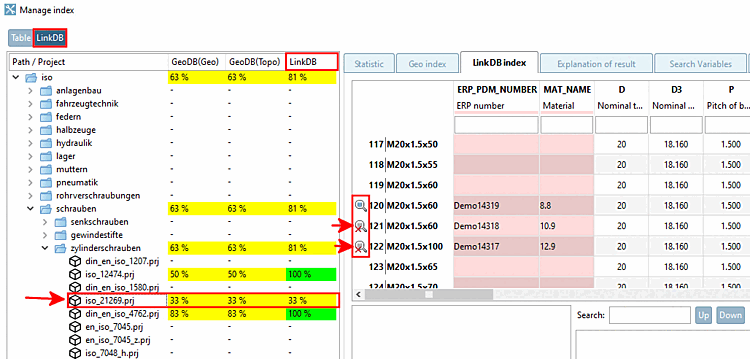 Pagina della scheda "Indice LinkDB [LinkDB index]": in questo esempio, il progetto "iso_21269.prj" ha 3 numeri ERP. La visualizzazione del 33% significa che solo uno dei tre è indicizzato.