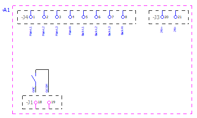 Variante macro 1: la macro contiene 3 gruppi funzionali. Il primo gruppo è descritto da 8 funzioni con 1 connessione ciascuna, il secondo gruppo è descritto da 2 funzioni con anch'esse 1 connessione, la terza funzione è descritta dal simbolo più complesso E00106 con 2 connessioni. L'intera variante della macro descrive quindi 12 connessioni in un'unità logica e chiara.