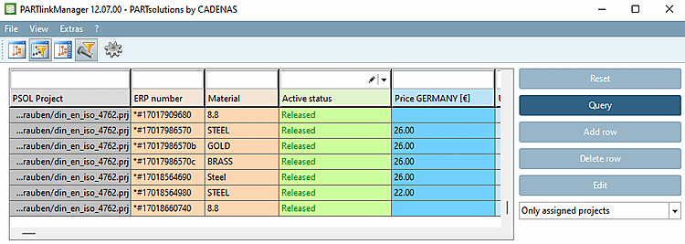 Colori di sfondo per le colonne ERP/PDM in PARTlinkManager
