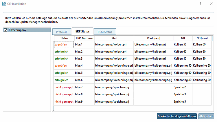 Finestra di dialogo "Installazione CIP [CIP Installation]" con la pagina della scheda "Stato ERP [ERP Status]": in questo esempio vengono visualizzati vari stati come "da verificare", "riuscito" o "non mappato".