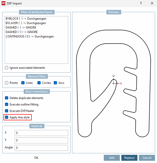 Importazione DXF [DXF Import] con la nuova opzione