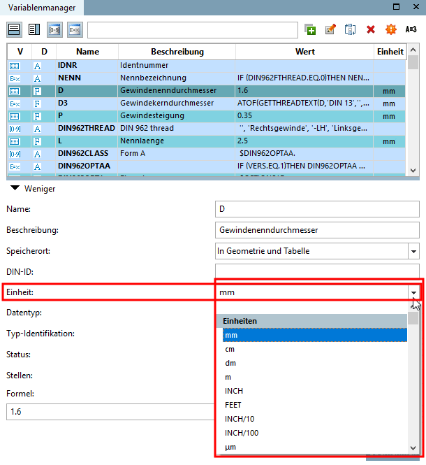 Gestione variabili [Variable Manager] -> Unità [Unit]