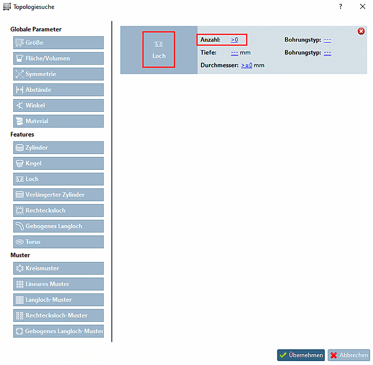 Ricerca topologica [Topology search]: Impostazione del foro