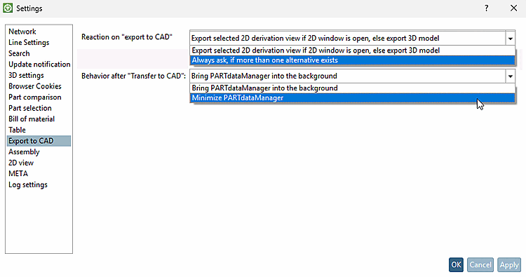 Pagina della scheda "Trasferimento al CAD [Export to CAD]