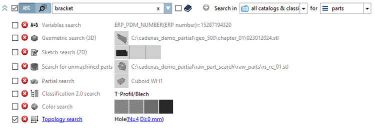 In this exemplary figure all search methods have already been used and so are listed. Full-text search and Topology search search are activated and are used for the next search run.