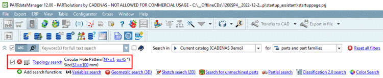 Selected search method: Circular pattern with angle of 45° (= 8 holes) and part size <=100 mm