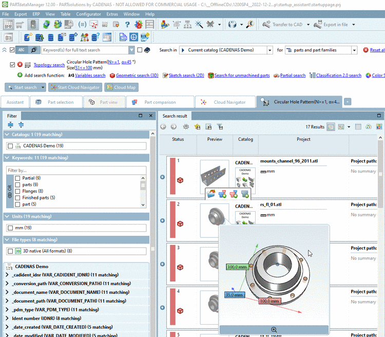 The searched topological features are colored in the 3D preview