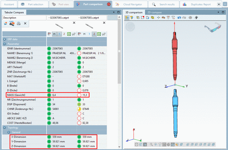 Part comparison Tabular Compare 3D comparison3D comparison
