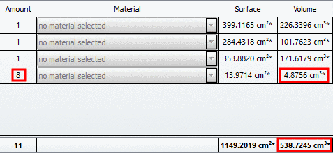 Example: the displayed value of 4.8756 concerns on ONE ball and not on 8 balls. In the final result this value will be multiplied by 8.