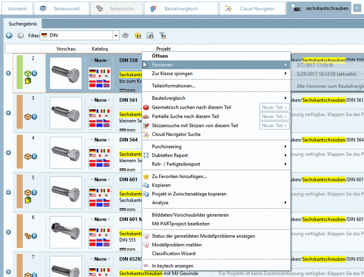 Example: Context menu commands in the result list