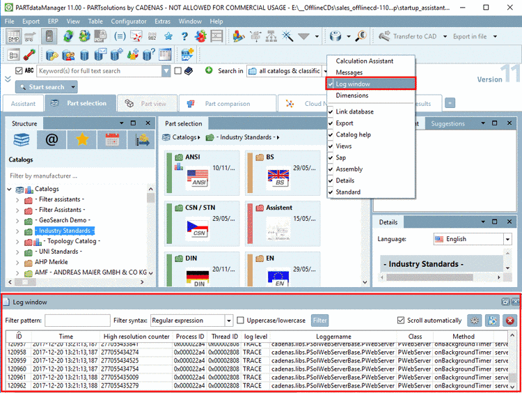 Example PARTdataManager: Log window Log window