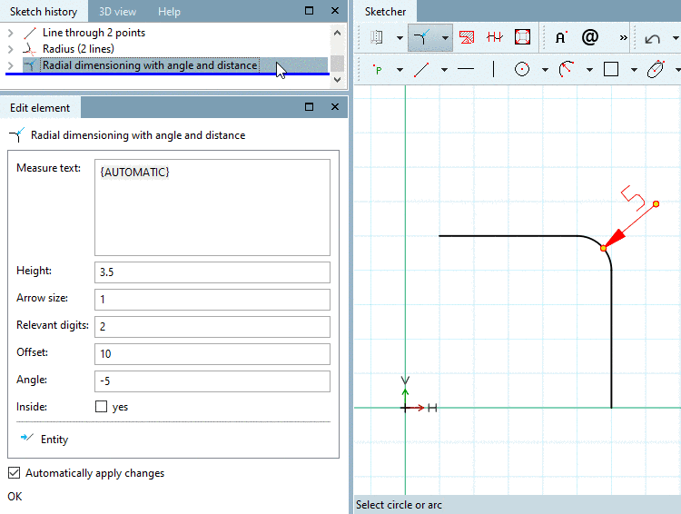 Radial dimensioning with angle and distance