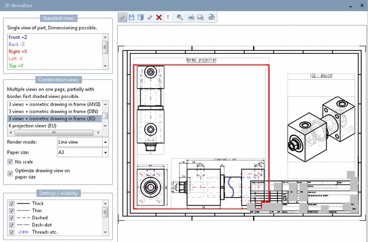 Example: 3 views + isometric drawing in frame (JIS)