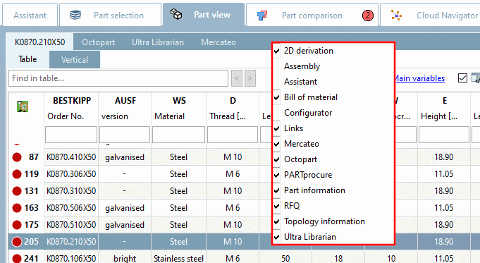 Part view: Show / hide dockings