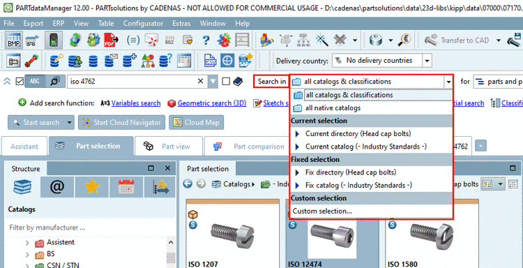 Search in...: In the opened list field you can find different options. At some options a specific directory is displayed in brackets. This is according to the one selected in the directory tree.