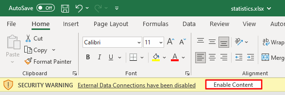 Avviso di sicurezza di Excel