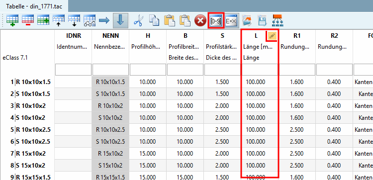 Le colonne con le variabili dell'intervallo di valori [Value range variables] sono contrassegnate dall'icona corrispondente.