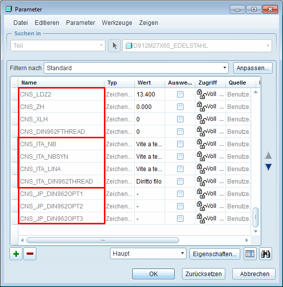 Creo: parametri "CNS_", "CNS_ITA" e "CNS_JP".
