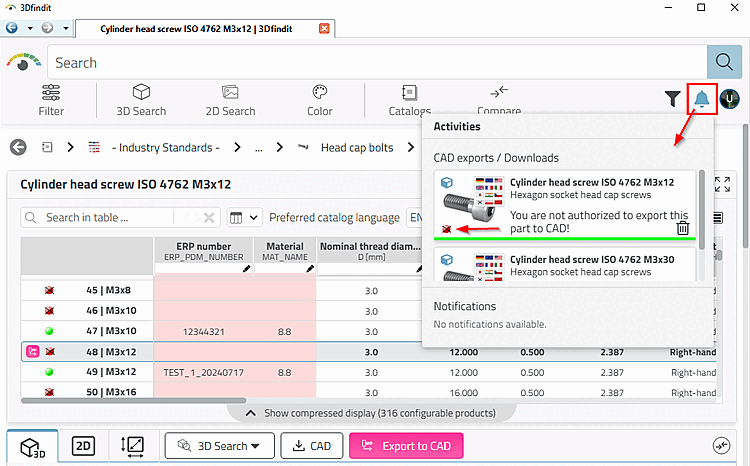 Non si è autorizzati a esportare la parte in CAD! [You are not authorized to export this part to CAD!]