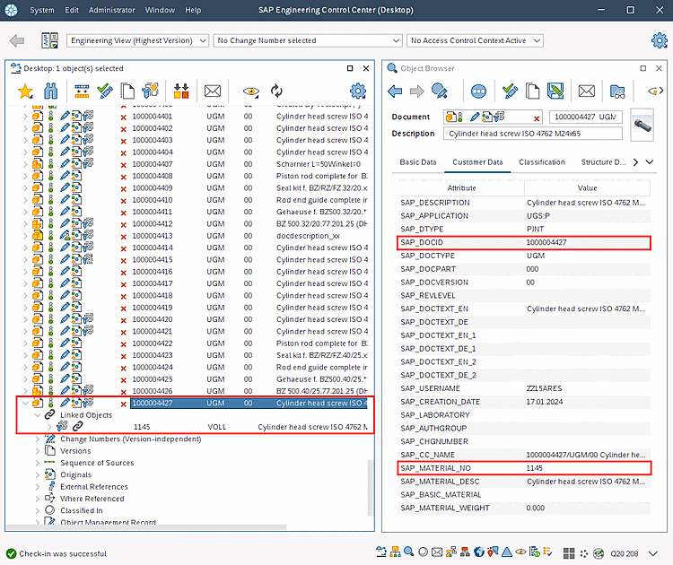 SAP ECTR con SAP_DOCID e SAP_MATERIAL_NO