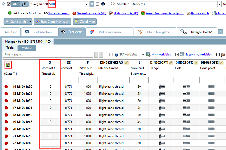 La tabella mostra solo i pezzi con diametro della filettatura pari a 10.