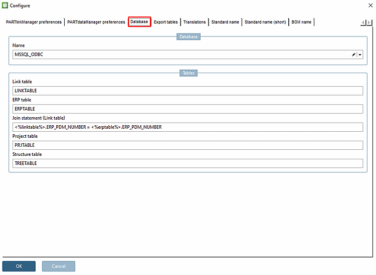 Configurazione - Database Impostazioni del database