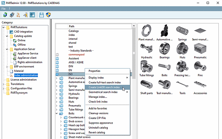 PARTADMIN → Gestione indici [Index administration] → Comando del menu contestuale "Crea indice di ricerca LinkDB [Create LinkDB search index]".