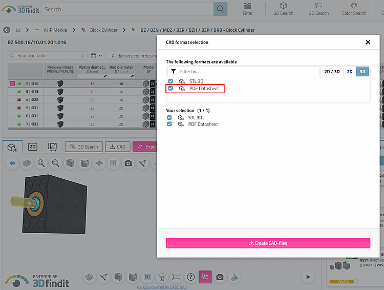 Esportazione della scheda tecnica PDF in 3Dfindit