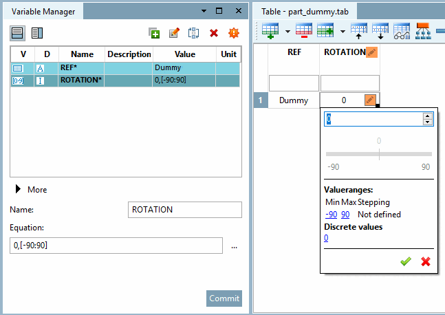 Gestore delle variabili [Variable Manager]: definizione della rotazione - valore iniziale 0° e intervallo di valori da -90° a +90°.