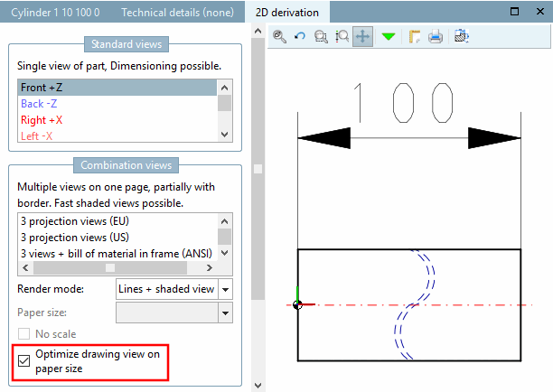Ottimizzazione della vista del disegno sul foglio [Optimize drawing view on paper size] (vista ridotta [Shortened view] ) attivata