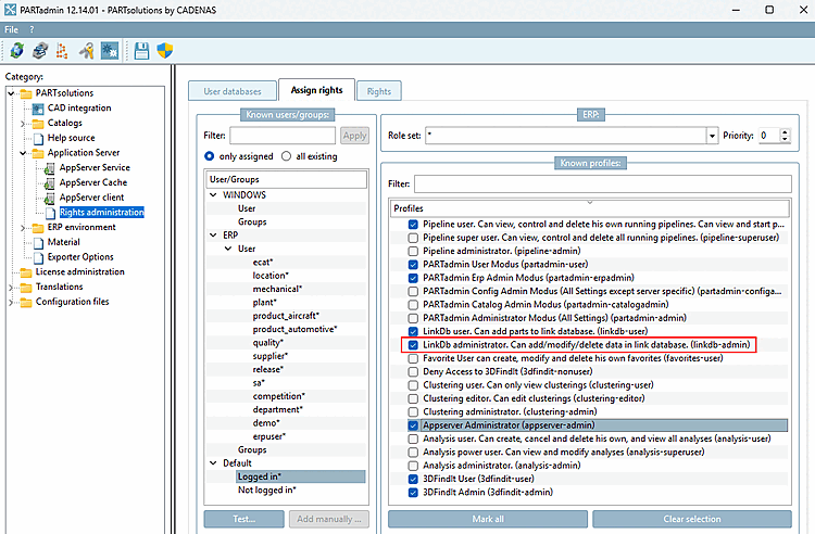 PARTadmin > Gestione dei diritti [Rights administration] > Assegnazione dei diritti [Assign rights] > Profili [Profiles] > LinkDb amministratore