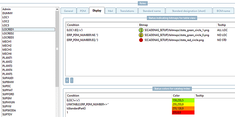 Esempio: LOCRED1: pagina della scheda "Display" - condizioni con bitmap e tooltip assegnati