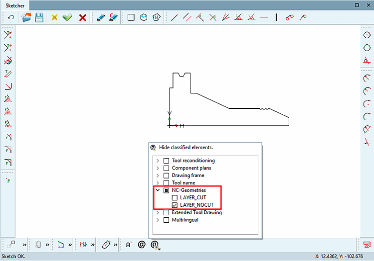 Tutti i livelli sono nascosti, tranne "Geometrie NC".