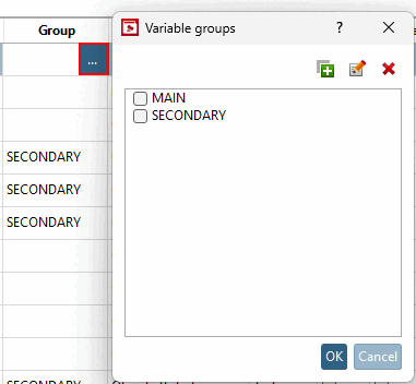 Gruppi di variabili [Variable groups] della finestra