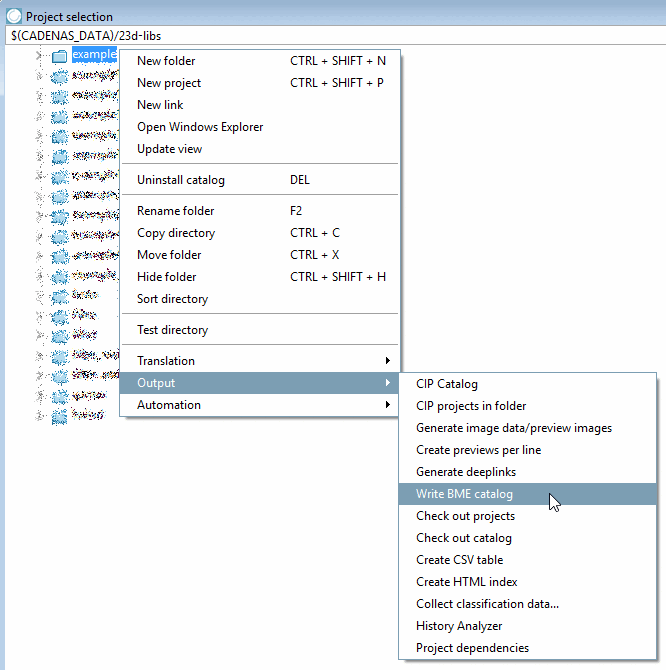 Selezione del progetto [Project selection] - menu contestuale