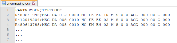 pnomapping.csv, nomi delle colonne "PARTNUMBER" e "TYPECODE", punto e virgola come separatore
