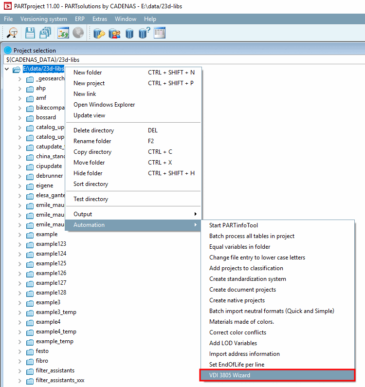 Albero degli indici di PARTproject con il comando del menu contestuale "Assistente VDI 3805
