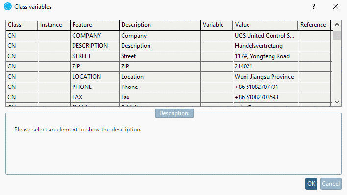 Dialog box "Class variables"