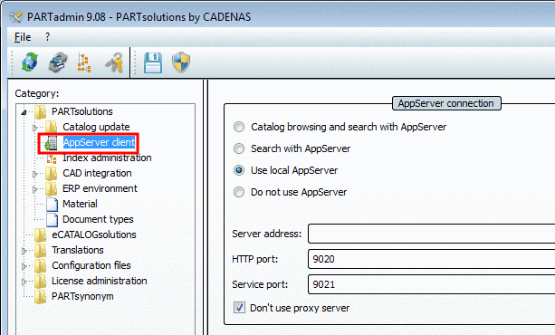 PARTadmin -> "AppServer Client" category