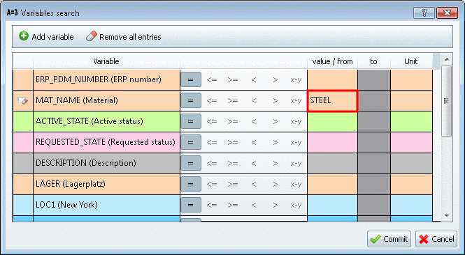 Example Variables search: The material has to be "STEEL".