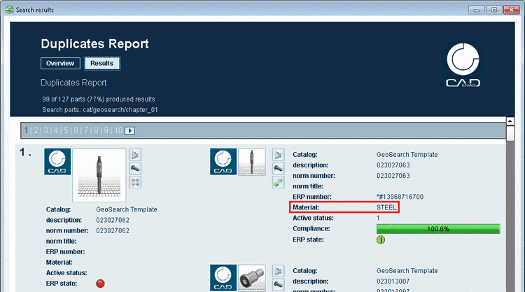 Result in the exemplary Variables search: In the report only result parts (right side) with material "STEEL" are displayed.