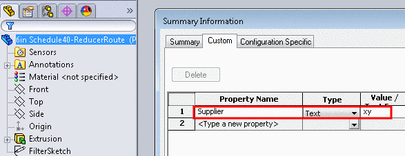 Part property here exemplified with SolidWorks