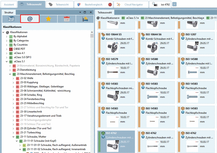 Part opened in the Classes selection