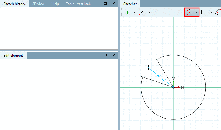 Arc (center, 2 limit points, circumference point): Drag arc