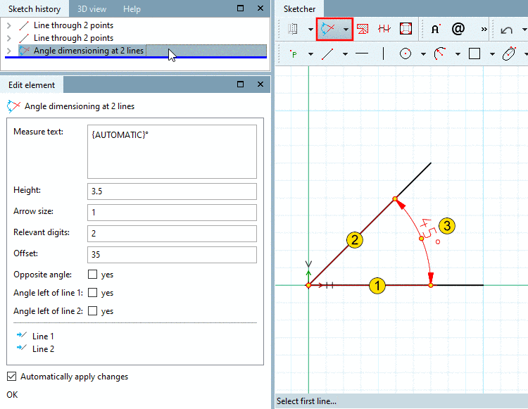 Angle dimensioning at 2 lines